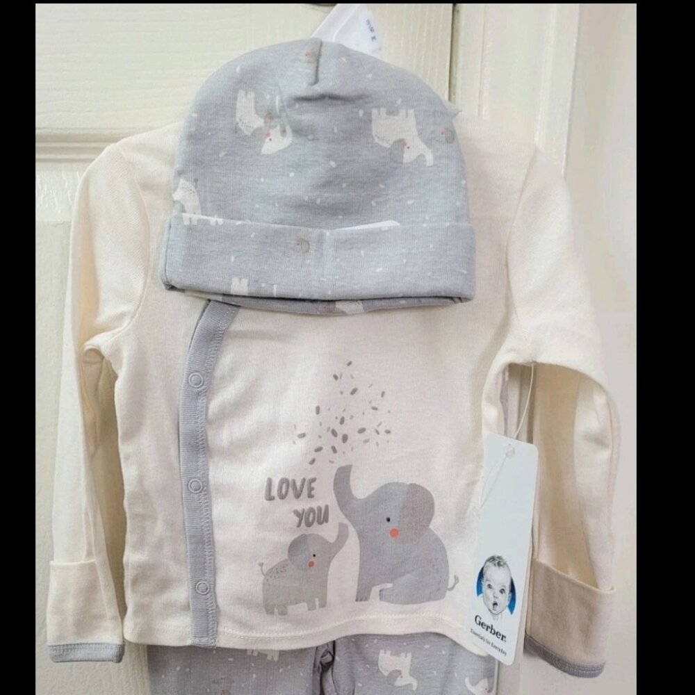 NWT Gerber 👶🐘 Elephants Baby Outfit Top Pants Hat 3 Piece Set Gray, 3-6 Months